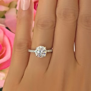 2.25 ctw 2 ct 4 Prong Round Accented Solitaire Engagement Ring, Half Eternity Band, Bridal Ring, Man Made Diamond Simulants, Sterling Silver