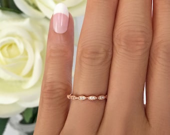 Delicate Art Deco Wedding Band, 1.5mm Ring, Minimalist Ring, Engagement Ring, Man Made Diamond Simulants, Sterling Silver, Rose Gold Plated