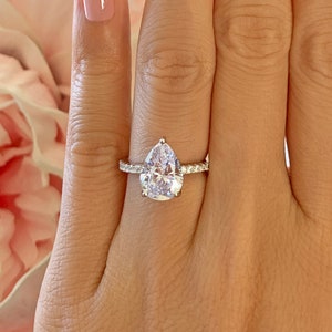 3.25 ctw Pear Accented Solitaire Engagement Ring, Half Eternity Bridal Ring, Anniversary Ring, Man Made Diamond Simulant, Sterling Silver