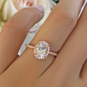 1.5 ctw Classic Oval Halo Engagement Ring, Anniversary Ring, Man Made Diamond Simulants,  Sterling Silver, Rose Gold Plated, 50% Final Sale