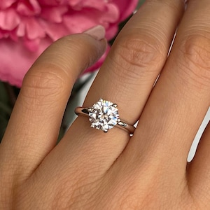 2 ct Classic V Style 6 Prong Solitaire Engagement Ring, Round Classic Solitaire Ring, Man Made Diamond Simulant, Sterling Silver