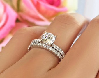 1.25 ctw Round Accented Solitaire Bridal Set, Pave Accented Half Eternity Band, Engagement Ring, Man Made Diamond Simulants, Sterling Silver