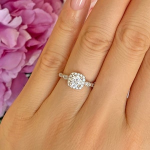 3/4 ctw Vintage Inspired Halo Engagement Ring, Round Man Made Diamond Simulants, Art Deco Ring, Wedding Ring, Promise Ring Sterling Silver