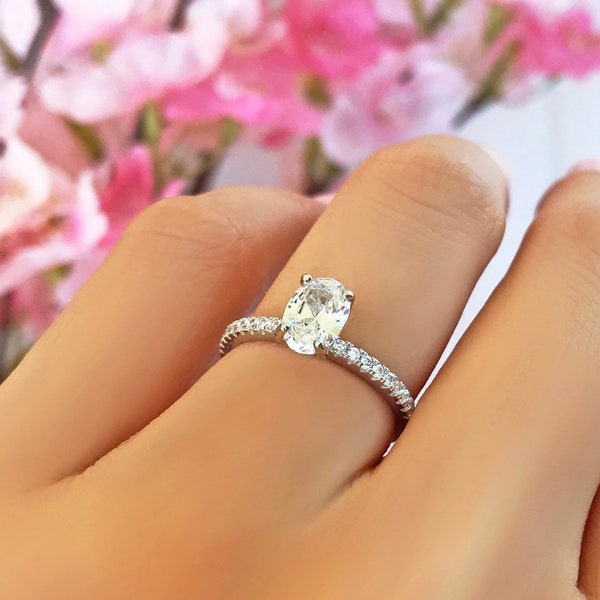 3/4 ctw Oval Accented Solitaire Wedding Engagement Ring, Half Eternity Bridal Ring, Promise Ring, Man Made Diamond Simulant, Sterling Silver
