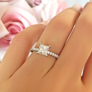 1.25 ctw Princess Accented Solitaire Engagement Ring, Wedding Ring, Man Made Diamond Simulants, Promise Ring, Sterling Silver