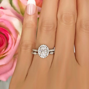 1.5 ctw Oval Halo Bridal Set, Art Deco Wedding Ring, Man Made Diamond Simulants, Half Eternity Ring, Halo Engagement Ring, Sterling Silver