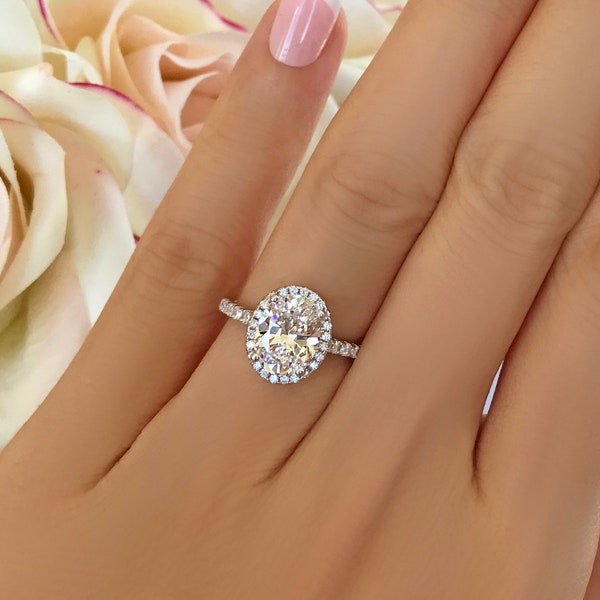 Anillo de compromiso con halo ovalado clásico de 2,25 cts, anillo de diamantes artificiales simulados, anillo de bodas, anillo nupcial, anillo de promesa, plata esterlina