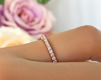 10k Solid Rose Gold Minimalist Half Eternity Delicate Pave Stacking Band, Classic Wedding Band, Layering Band, Man Made Diamond Simulants