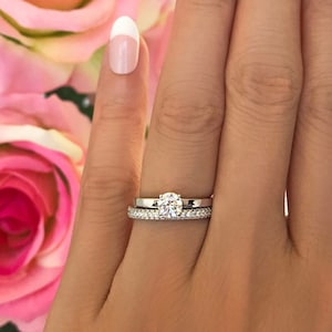 1/2 ct Stacking Solitaire Bridal Set, Engagement Ring and Pave Half Eternity Wedding Band, Man Made Diamond Simulant, Sterling Silver