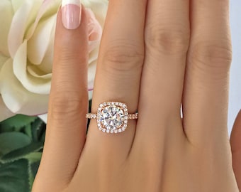 2.25 ctw Classic Square Halo Engagement Ring, Round Cut Man Made Diamond Simulant, Half Eternity Band, Sterling Silver, Rose Gold Plated