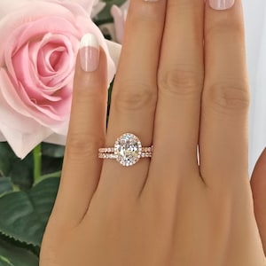 2.25 ctw Oval Vintage Style Halo Bridal Set, Half Eternity Engagement Ringm Man Made Diamond Simulants, Sterling Silver, Rose Gold Plated