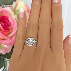 2.25 ctw Vintage Inspired Ring, Halo Engagement Ring, Man Made Diamond Simulants, Art Deco Bridal Ring, Promise Ring, Sterling Silver
