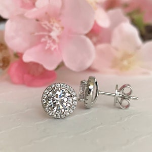 2 ctw Round 4 Prong Halo Stud Earrings, Bridal Earrings, Wedding Bridesmaid Jewelry, Man Made Diamond Simulants, Sterling Silver