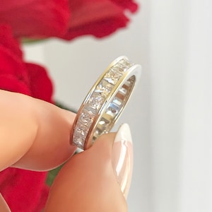 3.5 ctw Princess Full Eternity Channel Wedding Band, Engagement Ring, Stacking Band, Man Made White Diamond Simulants, Sterling Silver