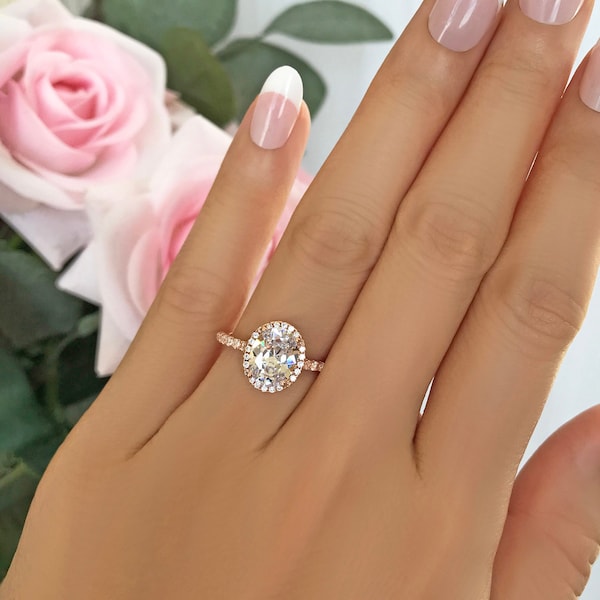 2.25 ctw Oval Halo Ring, Vintage Style Engagement Ring, Man Made Diamond Simulants, Art Deco Halo Ring, Sterling Silver, Rose Gold Plated