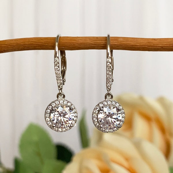 2 ctw Round Cut Dangle Halo Earrings, Drop Earrings, Bridal Earrings, Wedding Bridesmaid Jewelry, Man Made Diamond Simulant, Sterling Silver