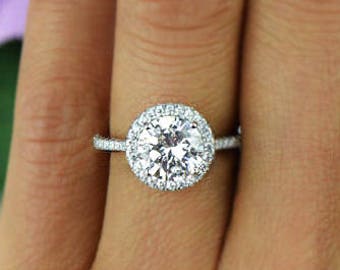 2.25 ctw Classic Halo Wedding Ring, Round Engagement Ring, Man Made Diamond Simulants, Half Eternity Band, Bridal Ring, Sterling Silver