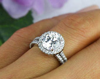 2.25 ctw Round Classic Bridal Set, Engagement Ring, Man Made Diamond Simulants, Half Eternity Rings, Halo Wedding Ring, Sterling Silver