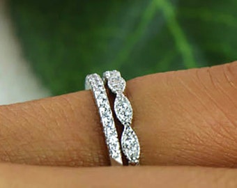 Art Deco Wedding Band and Half Eternity Band, Thin Stacking Ring Set, Small Engagement Ring, Man Made Diamond Simulants, Sterling Silver