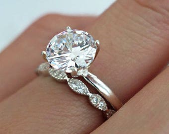 2 ct Art Deco Ring, Round Solitaire Bridal Set, Man Made Diamond Simulants, Engagement Ring, Promise Ring, Wedding Ring, Sterling Silver