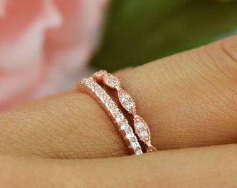 Art Deco Wedding Band Half Eternity Band Set, Delicate 1.5mm Engagement Ring, Man Made Diamond Simulants, Sterling Silver, Rose Gold Plated