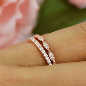 Art Deco Wedding Band Half Eternity Band Set, Delicate 1.5mm Engagement Ring, Man Made Diamond Simulants, Sterling Silver, Rose Gold Plated image 1