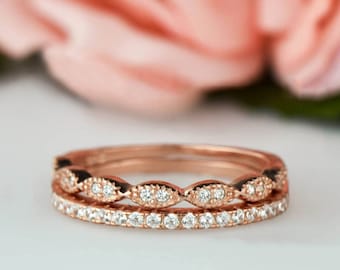 Art Deco Wedding Band and Half Eternity Band Set, Dainty 1.5mm Engagement Ring, Man Made Diamond Simulant, Sterling Silver, Rose Gold Plated