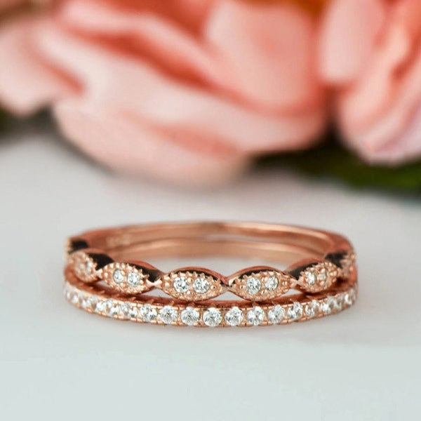 Art Deco Wedding Band and Half Eternity Band Set, Dainty 1.5mm Engagement Ring, Man Made Diamond Simulant, Sterling Silver, Rose Gold Plated