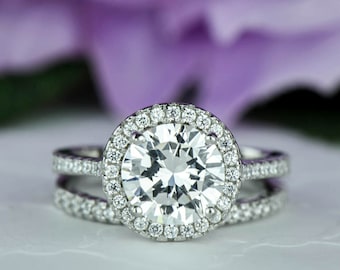 2.25 ctw Round Classic Halo Wedding Bridal Set, Engagement Ring, Man Made Diamond Simulant, Half Eternity Band, Bridal Ring, Sterling Silver