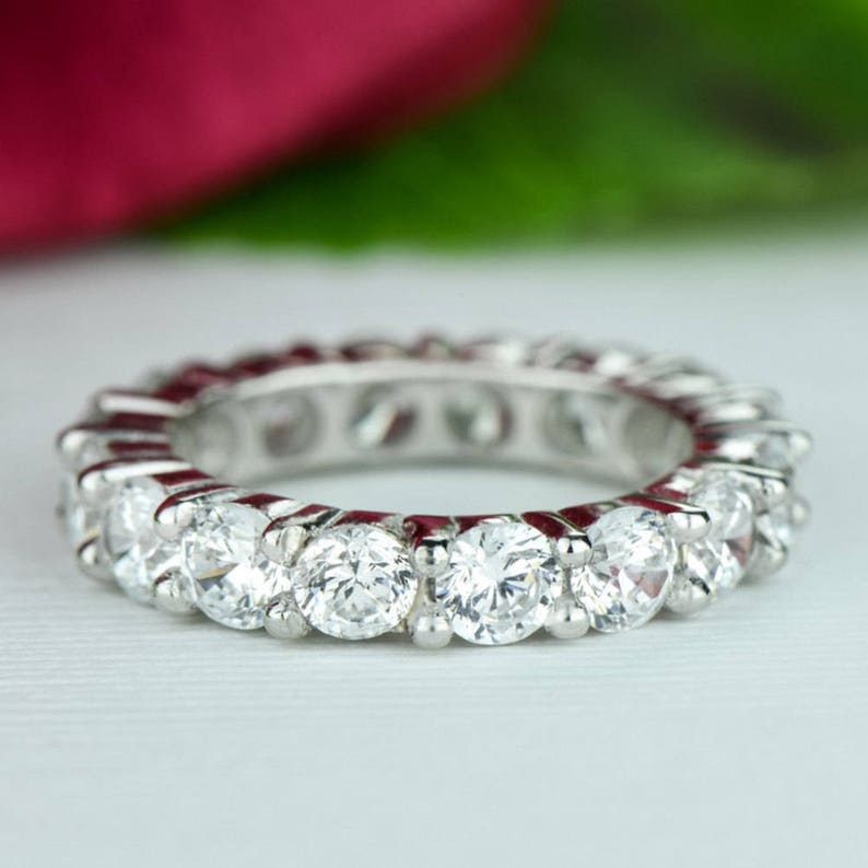 Round Wedding Band Bridal Ring Engagement Ring Sterling Silver Man Made White Diamond Simulants 4 ctw Full Eternity Ring Stacking Band