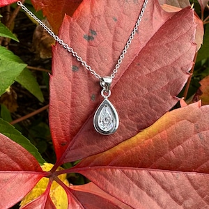 1.25 ct Pear Bezel Minimalist Necklace, Man Made Diamond Simulant, Wedding Jewelry, Bridal Necklace Bridesmaid Gift, Sterling Silver Pendant
