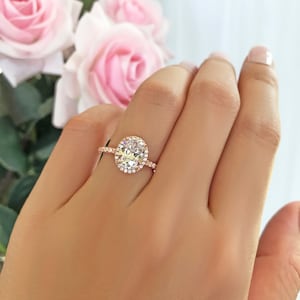 2.25 ctw Oval Halo Ring, Vintage Style Engagement Ring, Man Made Diamond Simulants, Art Deco Halo Ring, Sterling Silver, Rose Gold Plated image 4