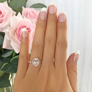 2.25 ctw Oval Halo Ring, Vintage Style Engagement Ring, Man Made Diamond Simulants, Art Deco Halo Ring, Sterling Silver, Rose Gold Plated image 2