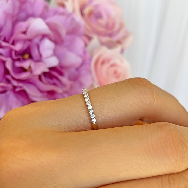Small Half Eternity Ring, 1.5mm Wedding Band, Engagement Ring, Man Made Diamond Simulants, Bridal Ring, Round Wedding Band, Sterling Silver image 5