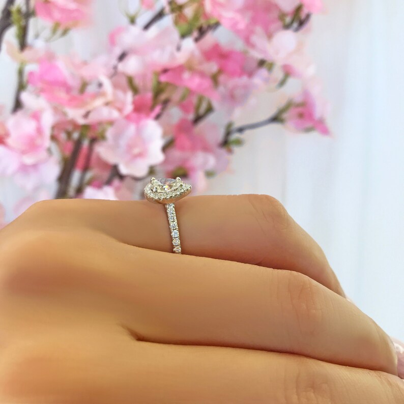 Man Made Diamond Simulants Sterling Silver Half Eternity Wedding Ring Engagement Ring Classic Halo Ring 1 ctw Pear Halo Promise Ring