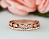 Bande de mariage de style art déco et la moitié de l’éternité ensemble, fine 1,5 mm bague de fiançailles, l’homme fait diamant simulé, argent Sterling, Or Rose plaqué