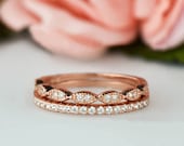 Art Deco Wedding Band and Half Eternity Band Set, Thin 1.5mm Engagement Ring, Man Made Diamond Simulants, Sterling Silver, Rose Gold Plated