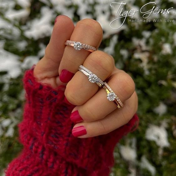 1/2 Ct 4 Prong Solitaire Engagement Ring Bridal Set, Pave