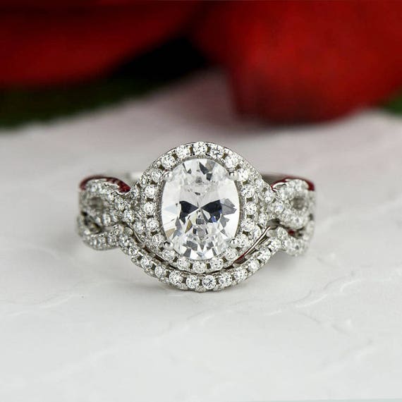 2 ctw Oval Wedding Set Twisted Halo Ring Infinity Engagement Etsy