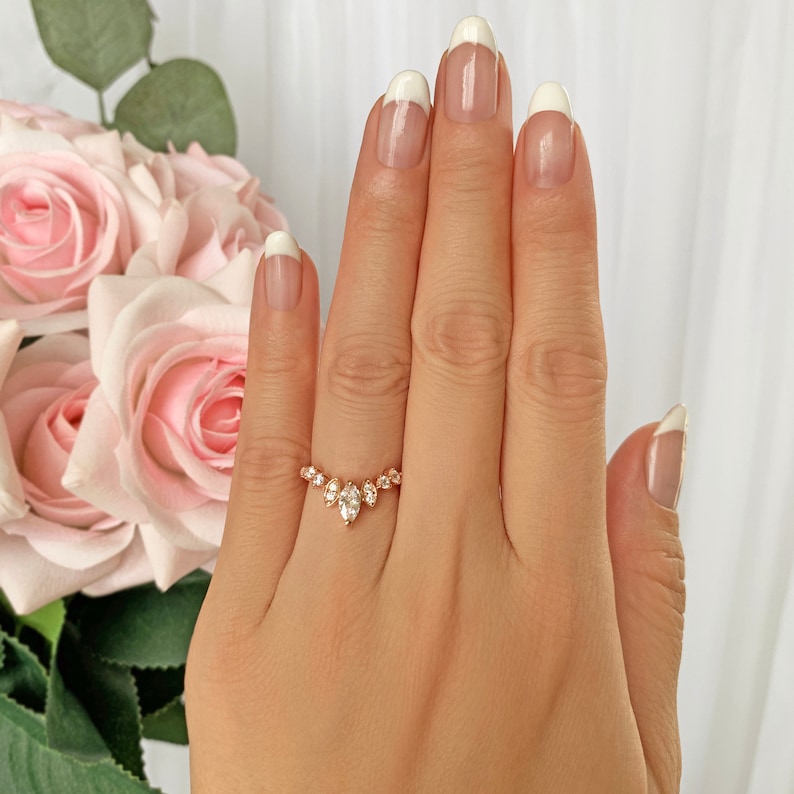 Marquise Art Deco Nesting Band Rose Gold Plated Half Eternity Tiara Stacking Contour Band Sterling Silver Man Made Diamond Simulants