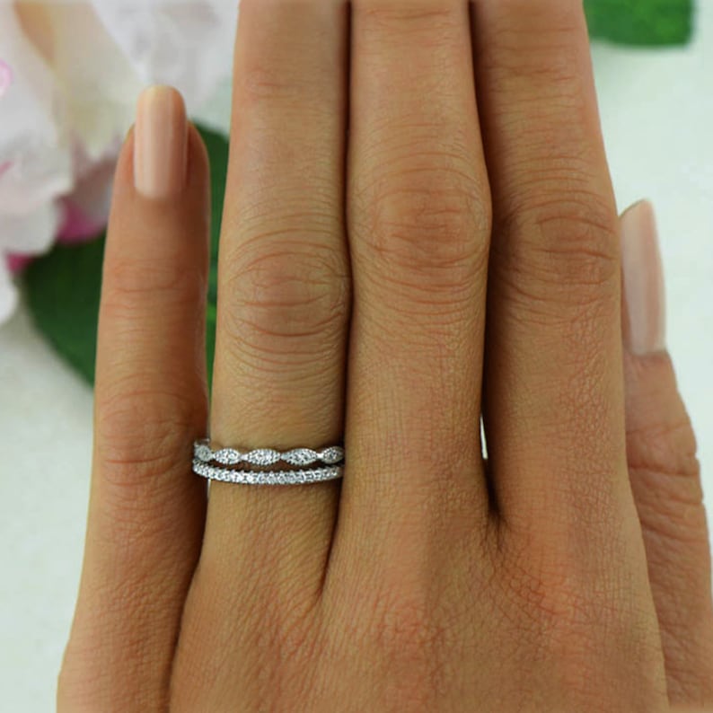 Art Deco Wedding Band and Half Eternity Band, Thin Stacking Ring Set, Small Engagement Ring, Man Made Diamond Simulants, Sterling Silver image 2