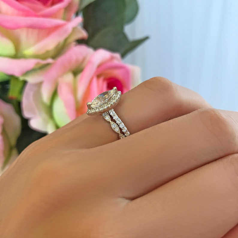 1.25 ctw Marquise Cut Halo Art Deco Bridal Set, Halo Engagement Ring, Man Made Diamond Simulant, Half Eternity Wedding Band, Sterling Silver image 5
