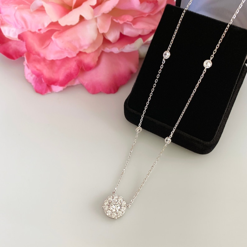 40/% Final Sale 2 ctw Halo Necklace Cluster Necklace Sterling Silver Man Made Diamond Simulants Round Cut Bezel Bridal Necklace