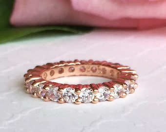 2 ctw Classic Full Eternity Band, Round Wedding Band, Man Made White Diamond Simulants, Bridal Ring, Sterling Silver, Rose Gold Plated