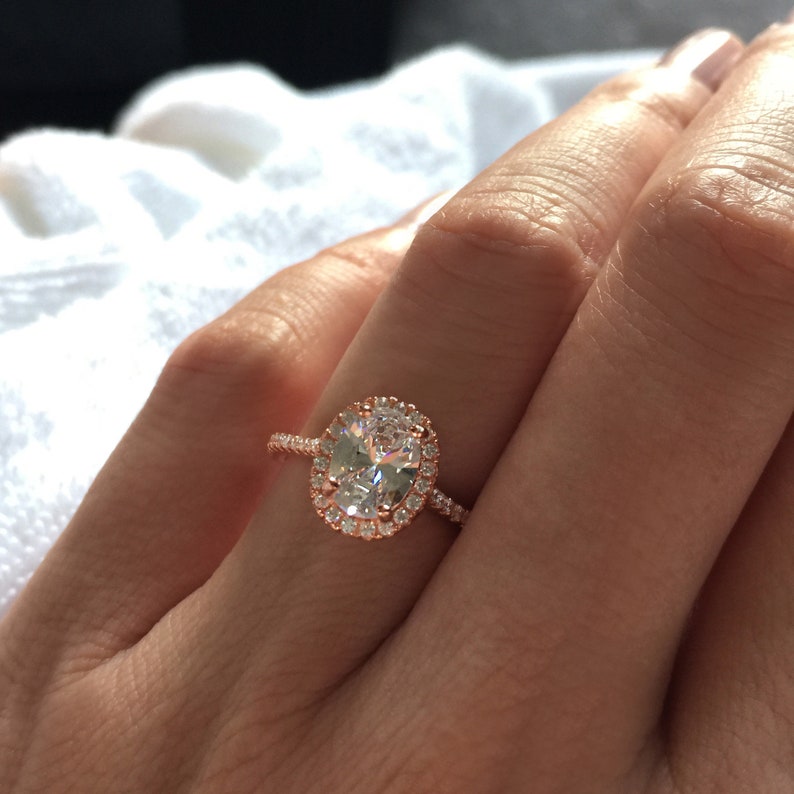 1.5 ctw Classic Oval Halo Engagement Ring, Anniversary Ring, Man Made Diamond Simulants, Sterling Silver, Rose Gold Plated, 50% Final Sale image 8
