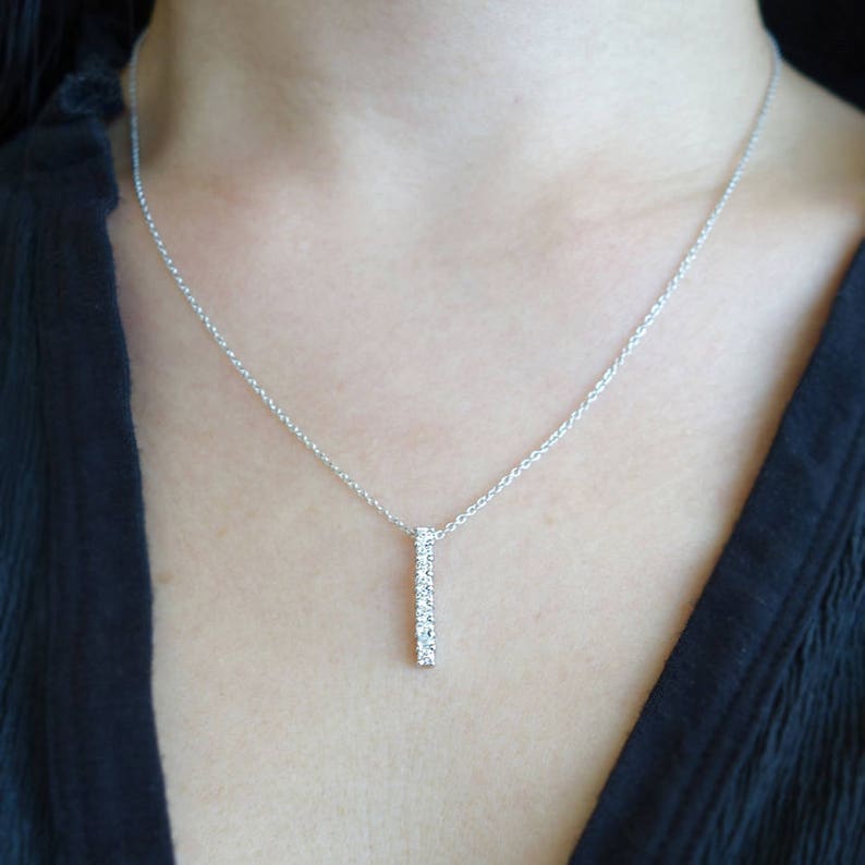 Sterling Silver 12 ctw 9 Stone Necklace Delicate Bridal Necklace Man Made Diamond Simulants Anniversary Necklace Single Bar Necklace