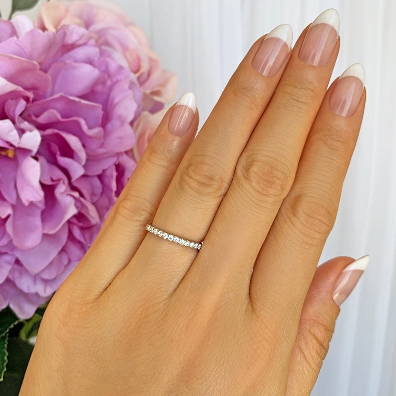 Small Half Eternity Ring, 1.5mm Wedding Band, Engagement Ring, Man Made Diamond Simulants, Bridal Ring, Round Wedding Band, Sterling Silver image 3