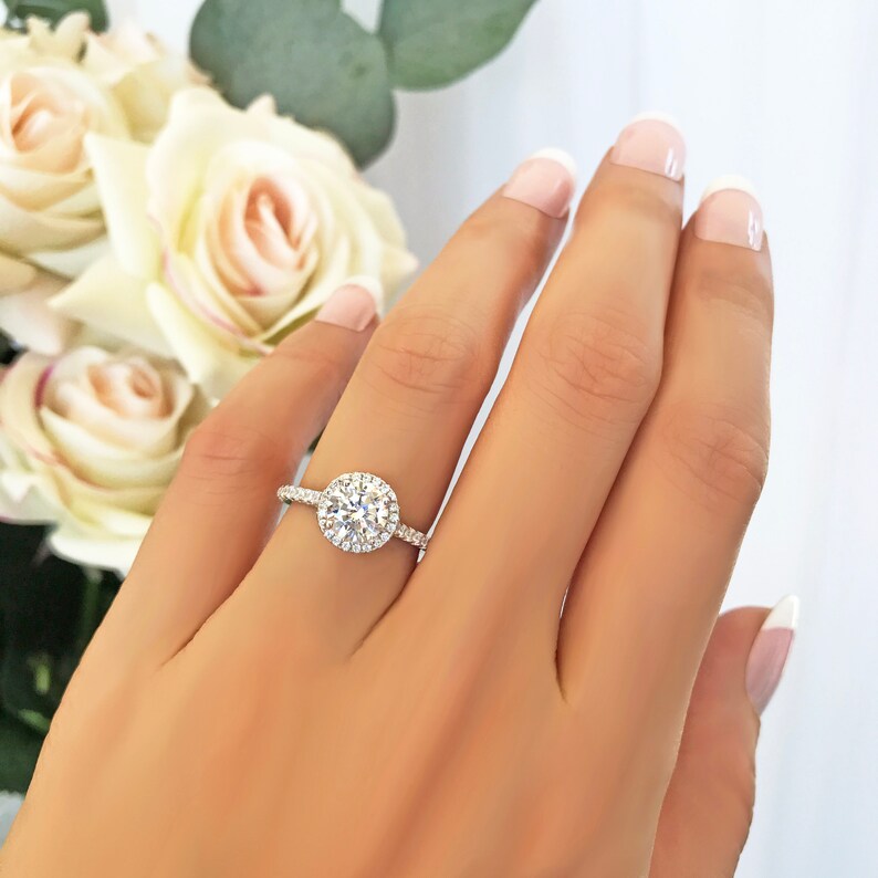 Engagement Ring 1.5 ctw Round Classic Halo Ring Sterling Silver Half Eternity Ring Promise Ring Man Made Diamond Simulant Wedding Ring