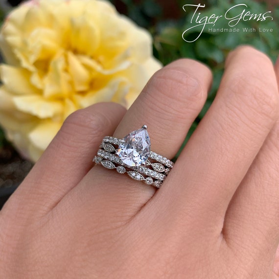 Twisted Wedding Ring Set, Bridal Ring Set for Women, Pear Shaped Engagement Ring  Set, Silver CZ Diamond Ring Set, Nature Inspired Ring Set 