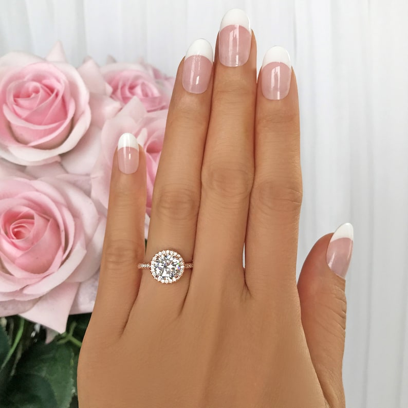 Man Made Diamond Simulants Sterling Silver 2.25 ctw Classic Round Halo Engagement Ring Wedding Ring Bridal Ring Rose Gold Plated